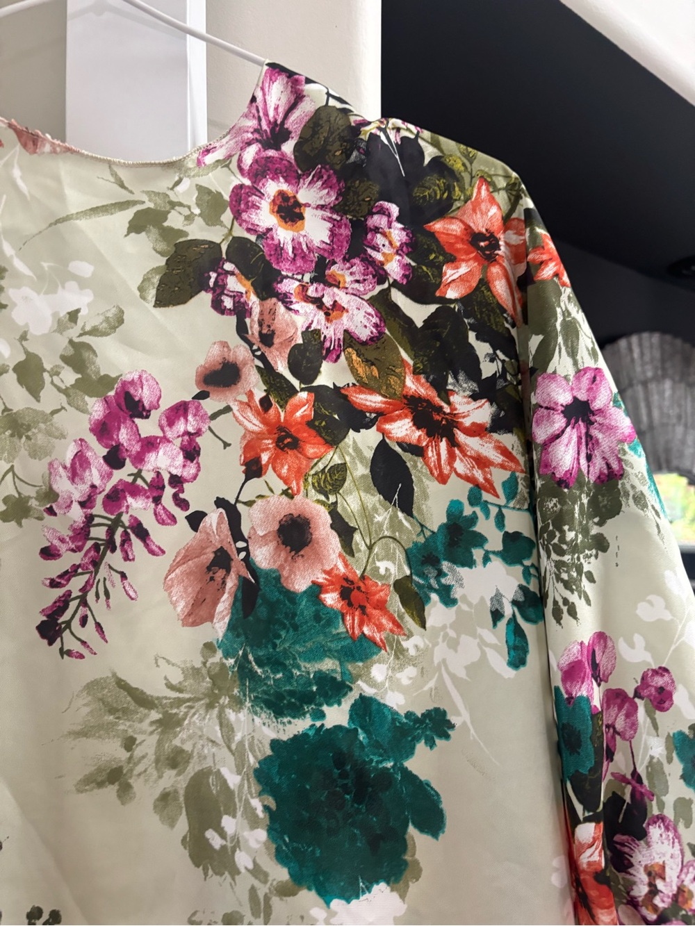 Floral Satin Kimono Cover-Up in Green and Teal - Picture 3 of 5